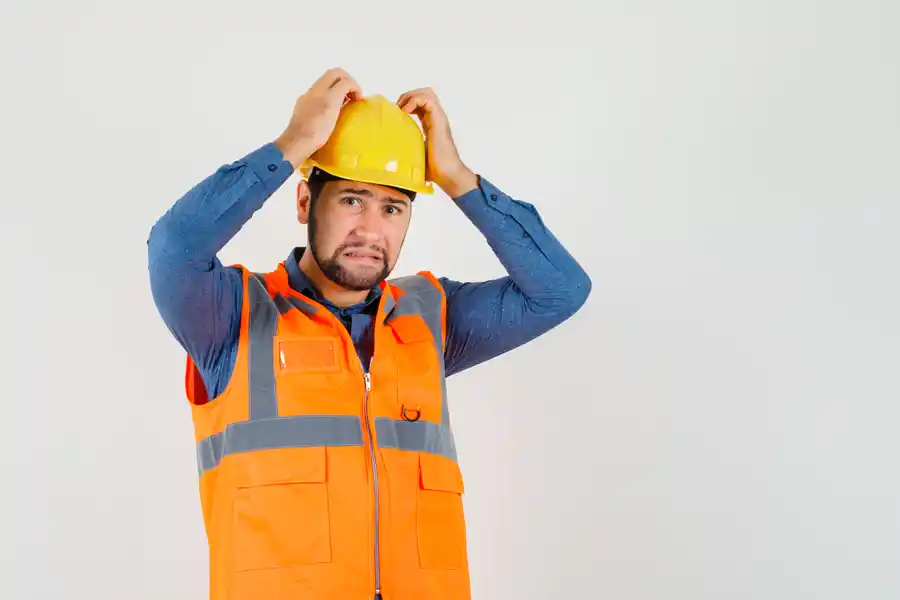 Construction tools and a large question mark with the text how to get a job in construction without experience on a blue background featuring the RecruitEasy logo in white