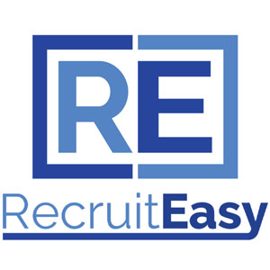 The RecruitEasy Logo, light and dark blue boxes around the letters R and E.