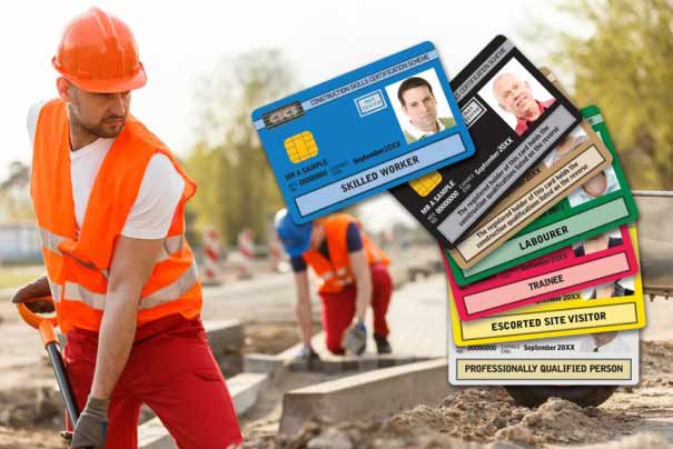 Groundworker on a construction site with various CSCS card examples shown from blue to silver