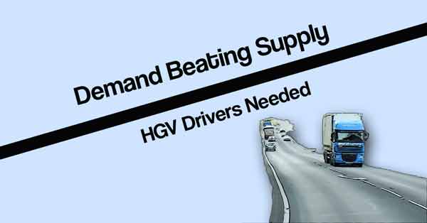 Demand beating supply HGV drivers needed written on a blue background and a road showing a heavy goods vehicle