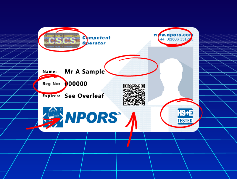 Two NPORS card examples showing a red trained operator and a blue competent operator