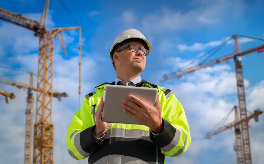 Construction Hiring manager holding an ipad with the text how recruiteasy is revolutionising temporary staffing in construction