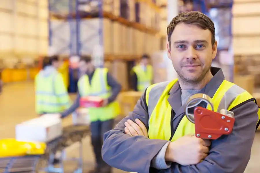 Warehouse worker holding a tape gun with the text how to find warehouse workers and keep them