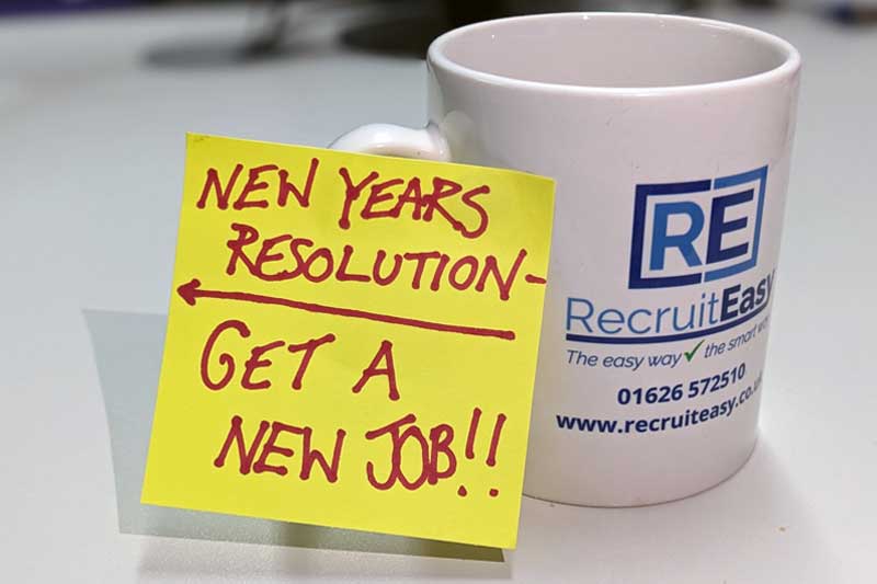 RecruitEasy mug with a post-it note saying New years resolution - get a new job