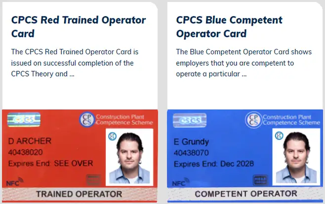 CPCS Card examples showing a red trained operator CPCS card and a blue competent operator CPCS card