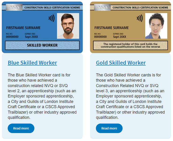 CSCS card examples including the blue card and gold construction CSCS card