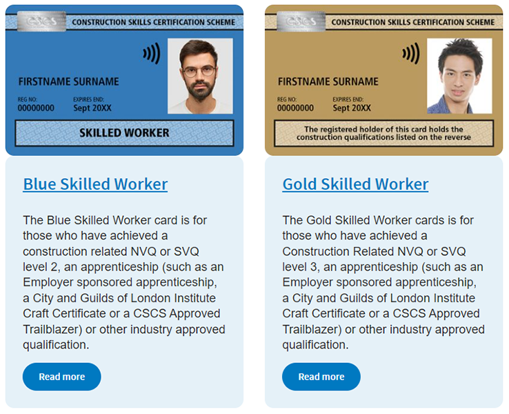 CSCS Card examples showing a blue CSCS card and a Gold CSCS card