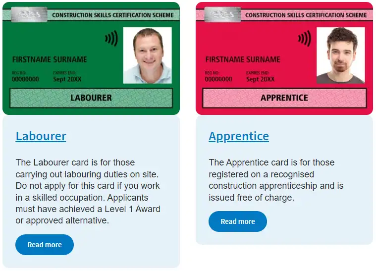 CSCS Card examples showing a Green Labourer CSCS Card and a Red Apprentice CSCS Card
