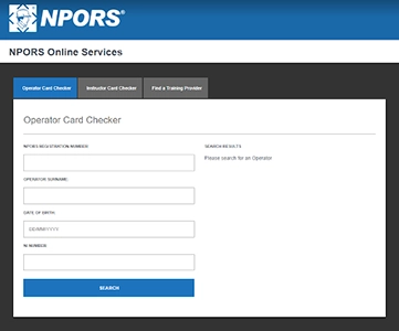 Image showing the npors card checker form showing the NPORS logo with the fields: NPORS Registration number, Operator Surname, Date of birth and NI Number