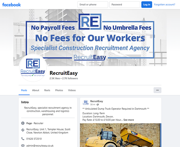 Screenshot showing RecruitEasy's Facebook page, an example of social media used in construction recruitment showing a recruitment post preview