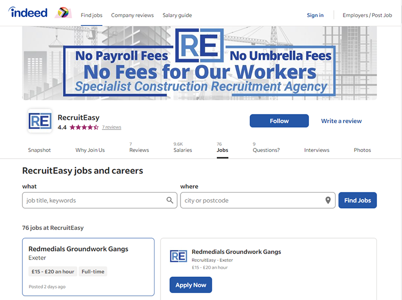 Screenshot showing RecruitEasy's Indeed Recruiters page, an example of job boards used in construction recruitment showing a job post