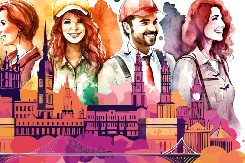 Five construction professionals shown in an artistic watercolour painting with a foreground image of the Bristol skyline