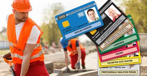 Groundworker on a construction site with various CSCS card examples shown from blue to silver