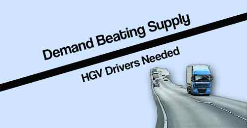 Demand beating supply HGV drivers needed written on a blue background and a road showing a heavy goods vehicle