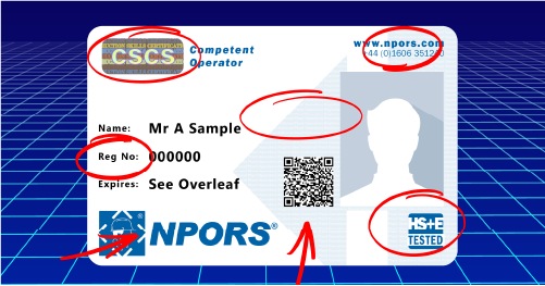 Two NPORS card examples showing a red trained operator and a blue competent operator