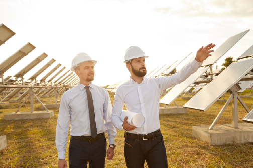 Two building industry professionals standing in a field of green solar panels