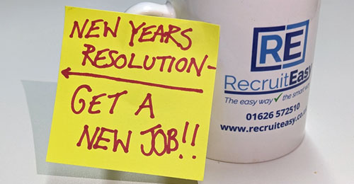 RecruitEasy mug with a post-it note saying New years resolution - get a new job