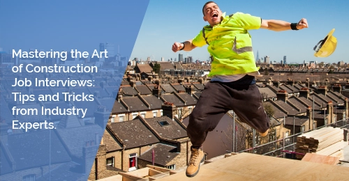 Construction worker jumping in the air in happiness with a high visibility vest and work gear with the title of the blog to the left