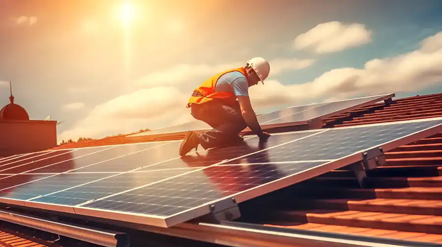 Construction worker standing on a solar panel working on it with the text of the blog title to the left