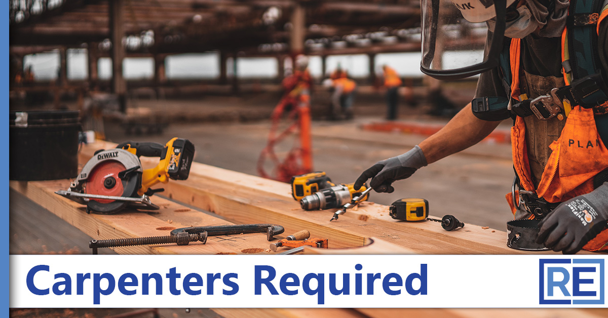 RecruitEasy Carpenters Required shown with an image of a Carpenter on site using power tools wearing a visor