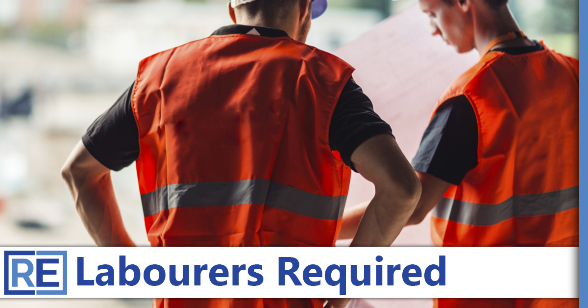 RecruitEasy Labourers Required with an image of two site workers or Labourers with Orange high visability jackets