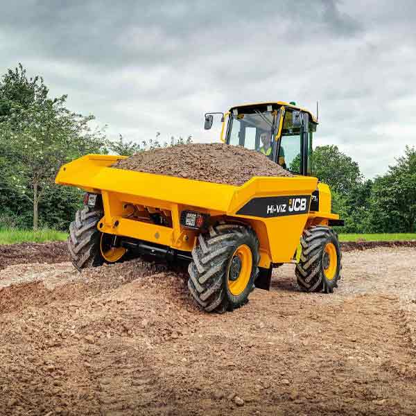 A square image showing a Forward Tipping Dumper at work
