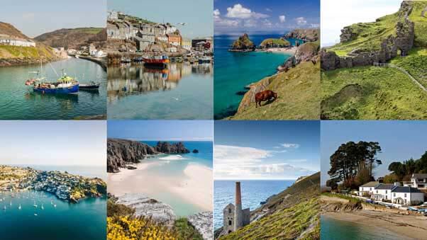 A collage of 8 images from across Cornwall showing harbours, coastline, countryside and buildings.