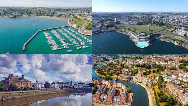 A collage of 4 images from across Devon showing Torquay, Newton Abbot, Exeter and Plymouth..