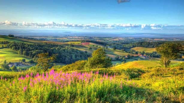 Scenic shot of Somerset from the hills to the fields full of flowers to the horizon of more hills and clouds