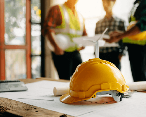 Two construction managers on a building site holding construction planning documents